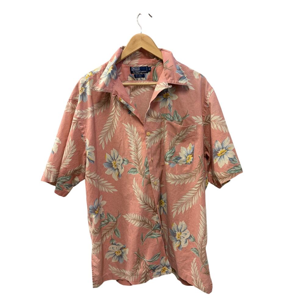 POLO RALPH LAUREN Vintage Camp 90s Aloha Sz XL Pink Palm Button Front shirt